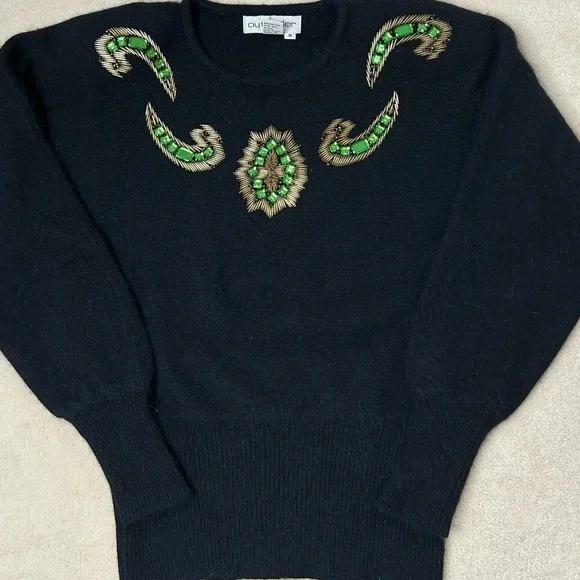 Outlander Vintage Lambswool Angora Sweater Women's Medium Beaded Black Gold - Picture 2 of 11